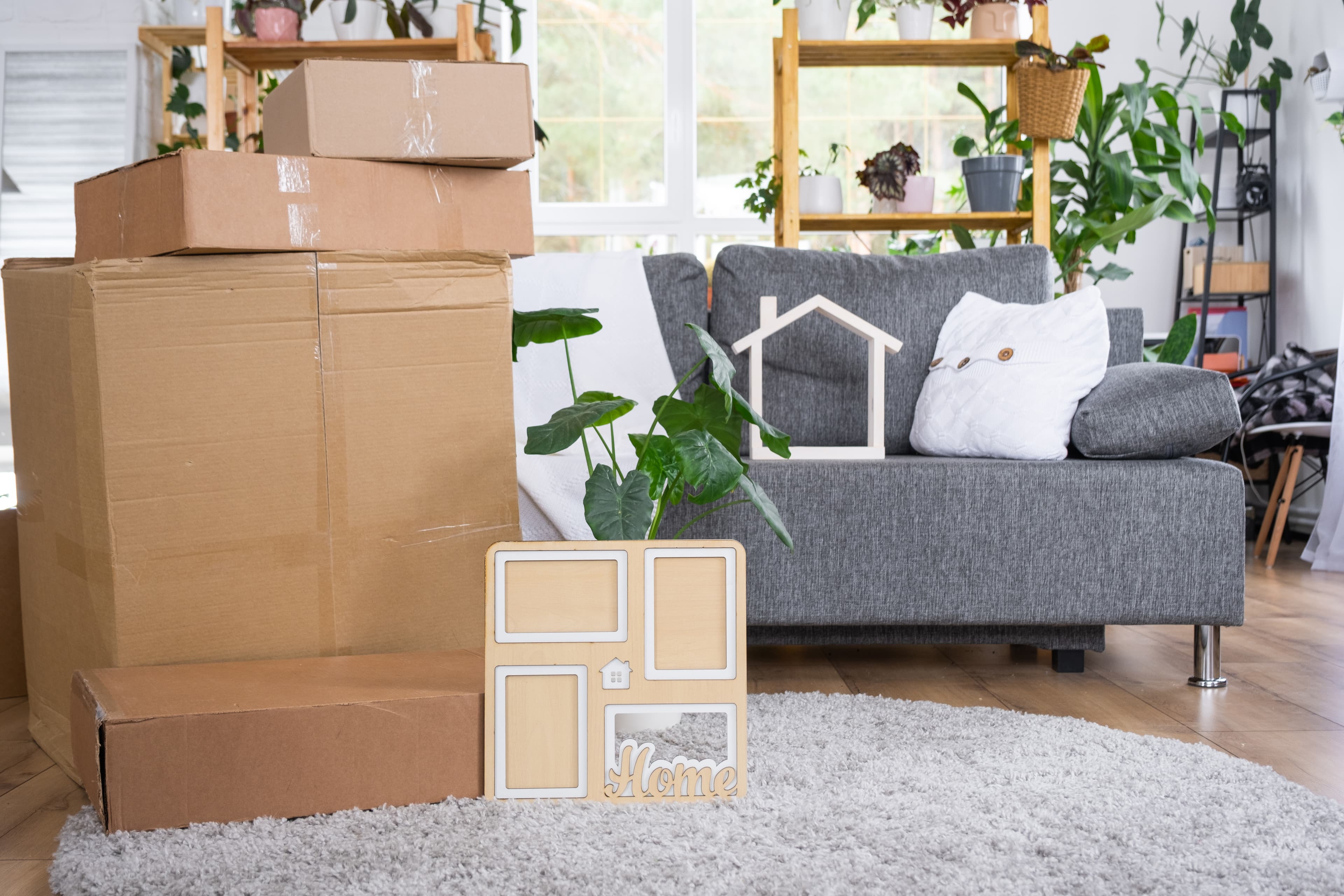 Intérieur calme avec cartons triés, prêt pour un débarras serein